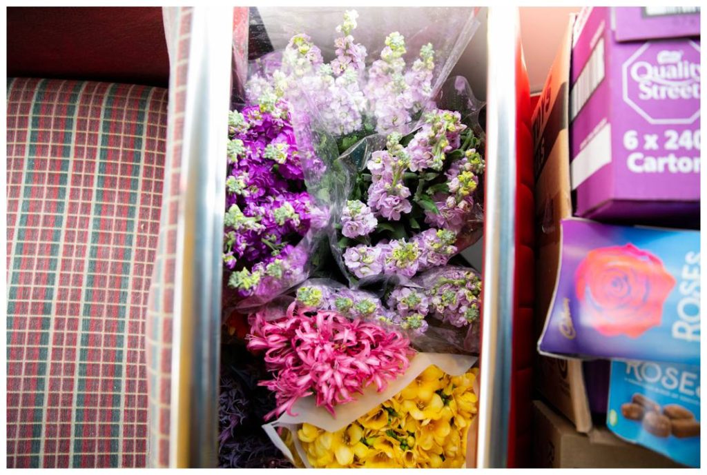 Flowers and chocolates on the Kindness Offensive bus