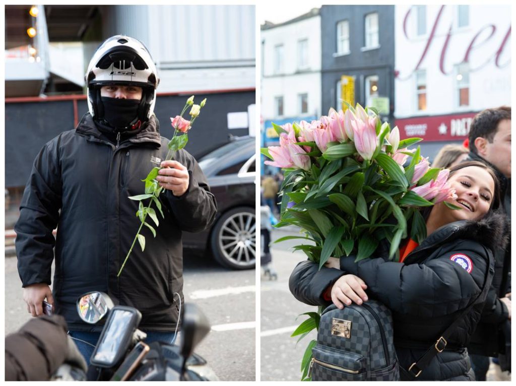 Event Photo of Motorcyclist and woman holding their flowers in Camden given by Kindness Offensive